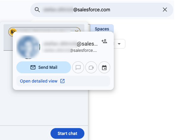 A screenshot of the Google Chat search interface validating a lead's email address.