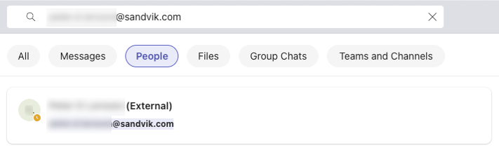 A screenshot of the Microsoft Teams search interface validating a lead's email address.